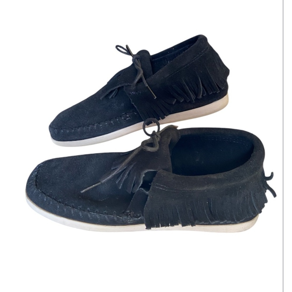 Women’s Minnetonka Fringed Moccasins, Sz 7, Black, Southwestern, Leather, EUC